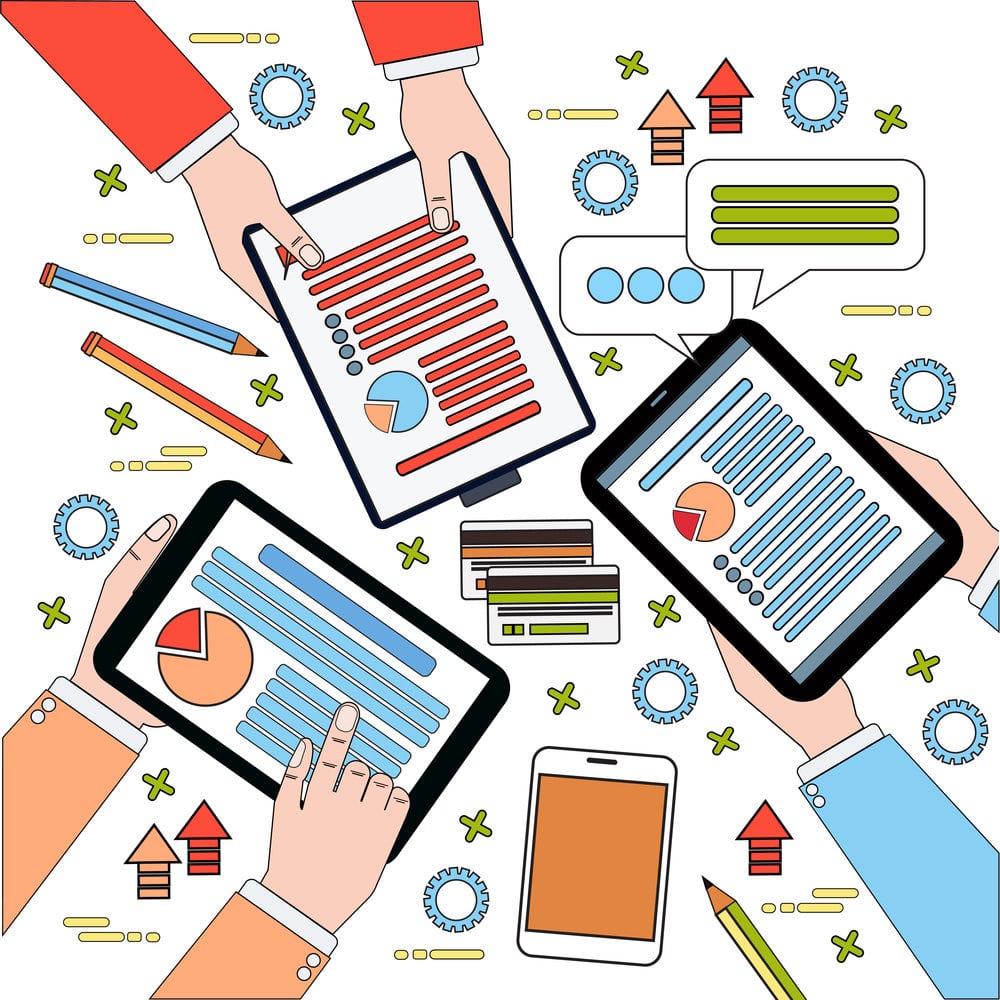 Business Workplace Top View, Businesspeople Work Process With Diagrams And Documents, Hands Holding Digital Tablets And Laptop